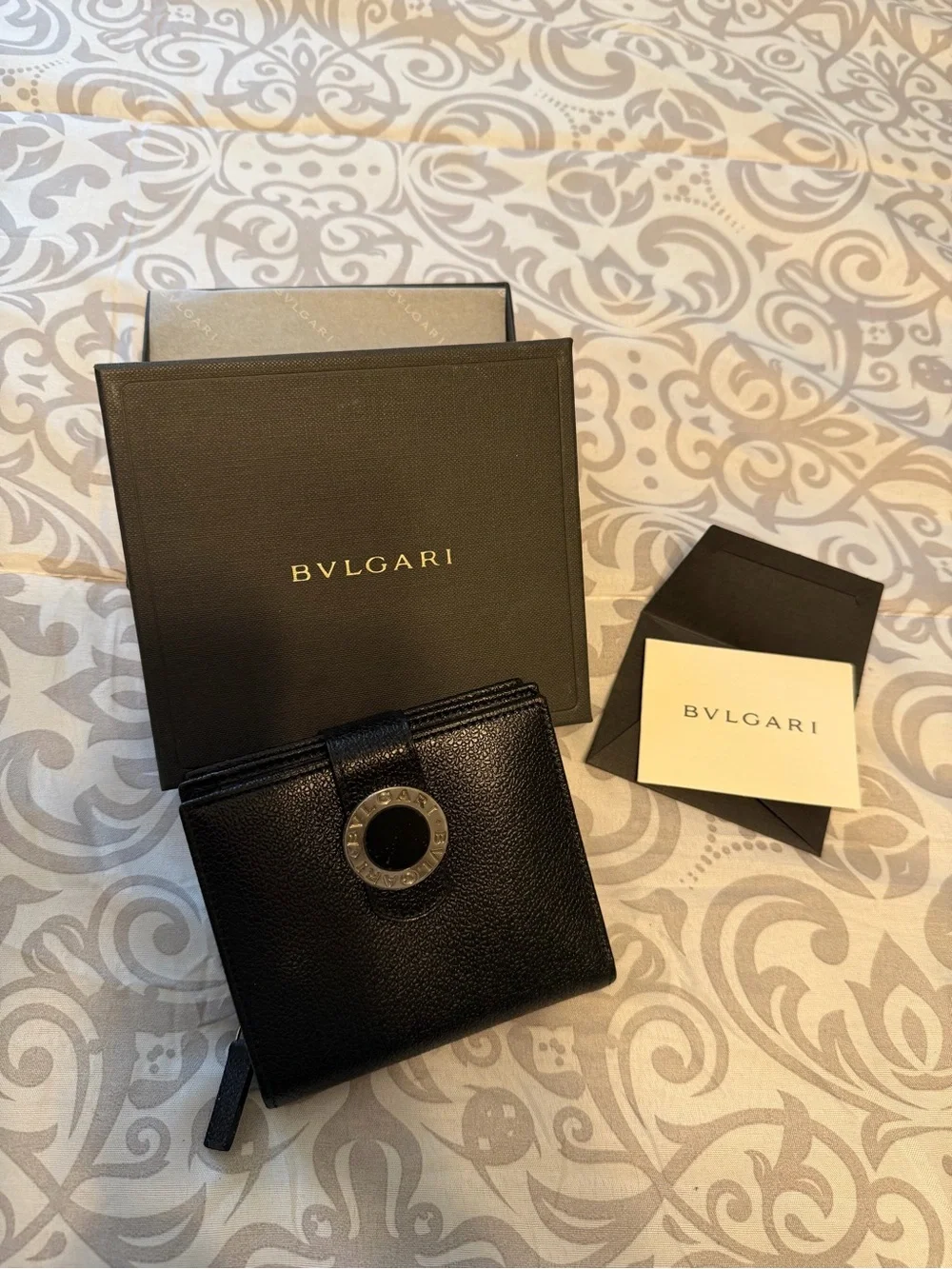 Bulgari Black Pebbled Leather Bifold Wallet with Snap